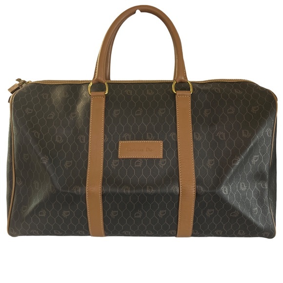 Dior Vintage Travel Duffel Bag Brown Honeycomb Monogram Luxury Luggage - Picture 1 of 16